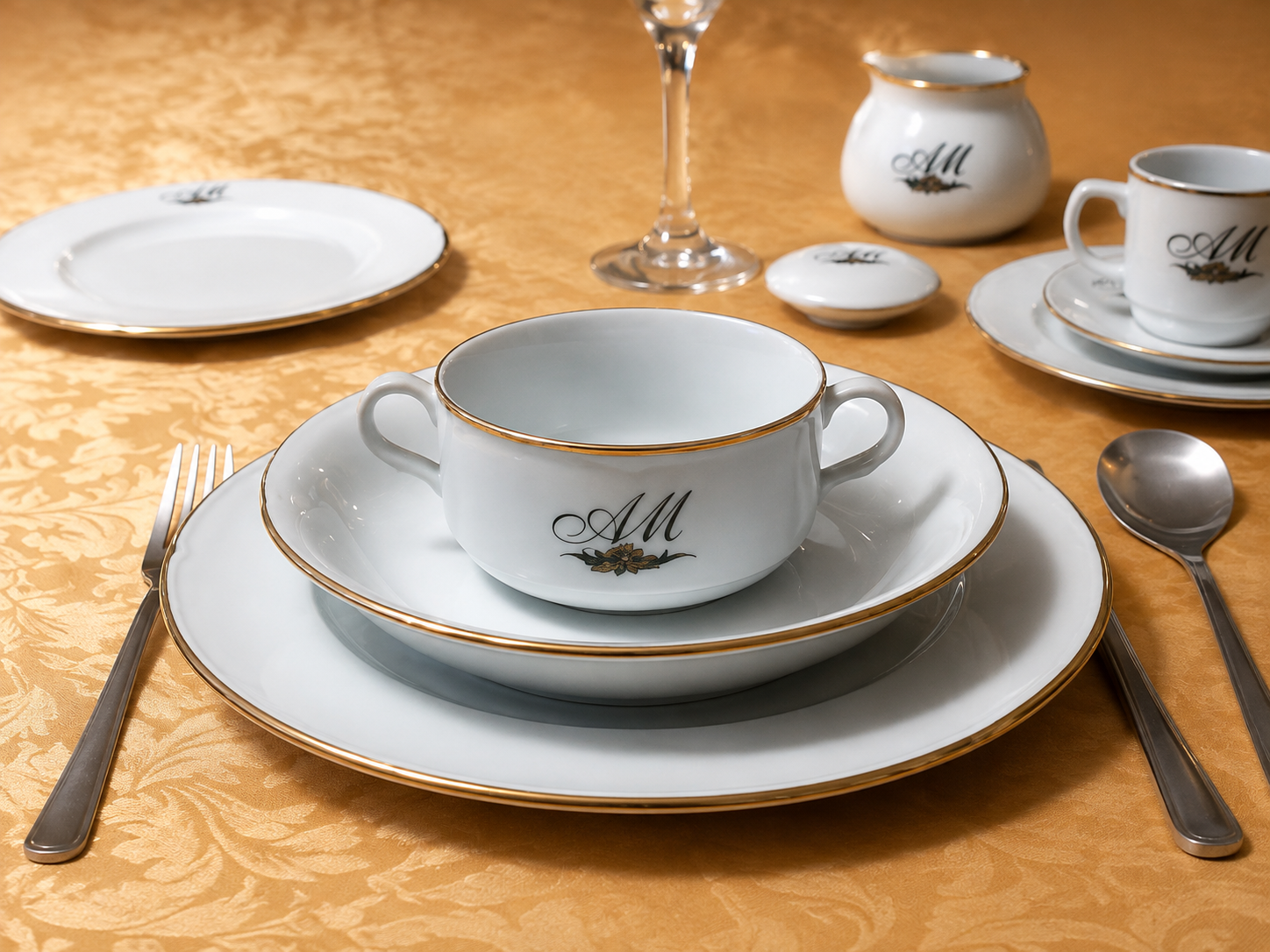 Vajilla de porcelana personalizada con monograma y ribetes dorados
